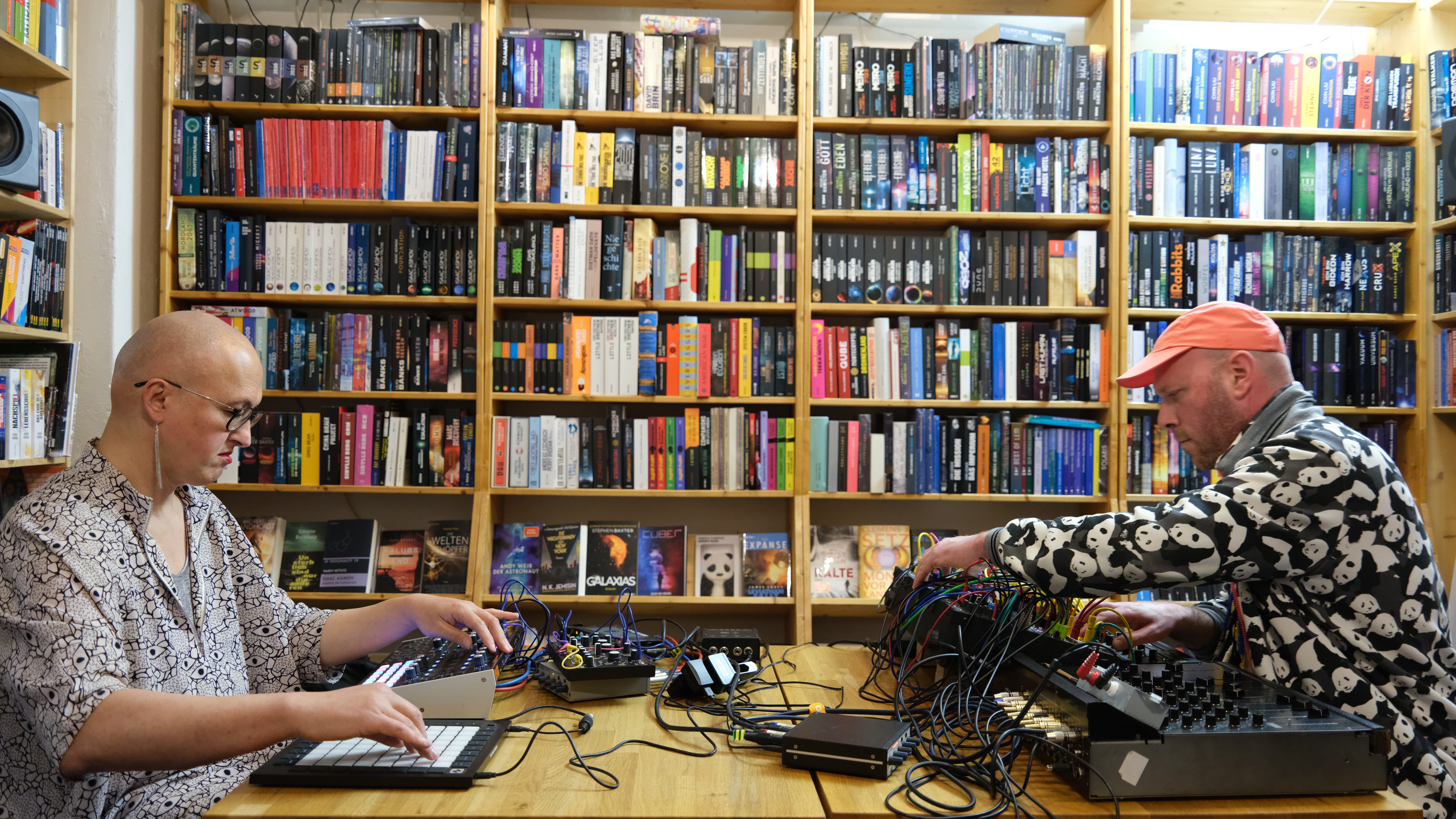 Musicians Korhan Erel and Eliad Wagner perform on their synthesizers as the duo Only With You at Berlin's science fiction, fantasy and horror booksgore Otherland
