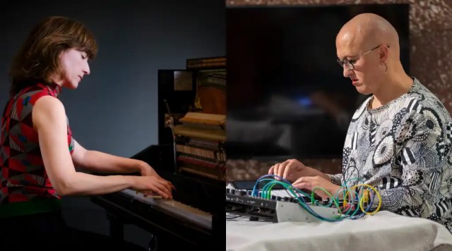 On the left is a the female pianist Neslihan Schmidt at her piano. On the right, the non-binary musician Korhan Erel sits at a table with their synthesizers during a concert